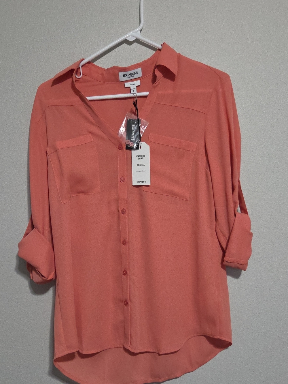 Express Coral Button-Front Roll-Sleeve Blouse